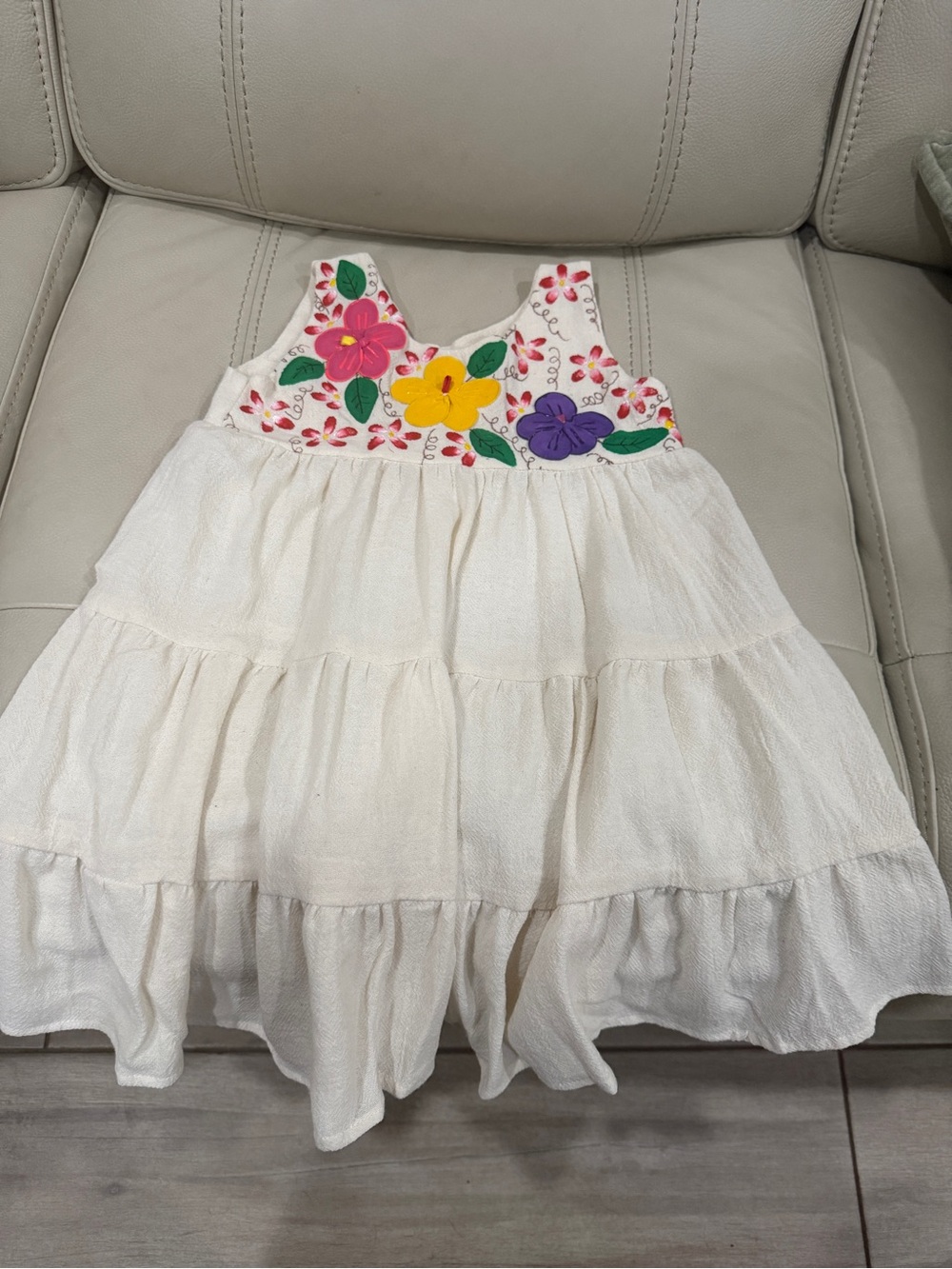 Girls Cream Tiered Dress with Colorful Floral Embroidery
